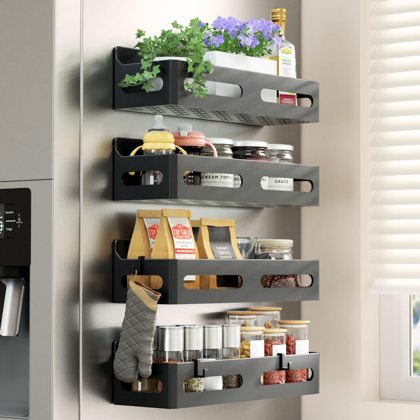 Sevenblue 4 Pack Strong Magnetic Spice Rack for Refrigerator, Multipurpose Magnetic Shelf for Fridge with 4 Hooks for Kitchen and Bathroom Organization, Black