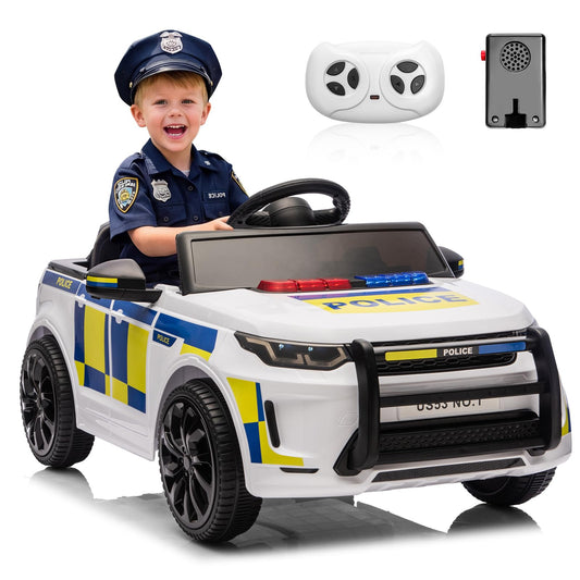 GarveeLife 12V Police Car Ride on Electric Car for Kids, Battery Powered Ride-on Toys with Remote Control, Speaker, Flashing Lights, Music, Headlights, Spring Suspension, Gift for Boy Girl 3-8, White