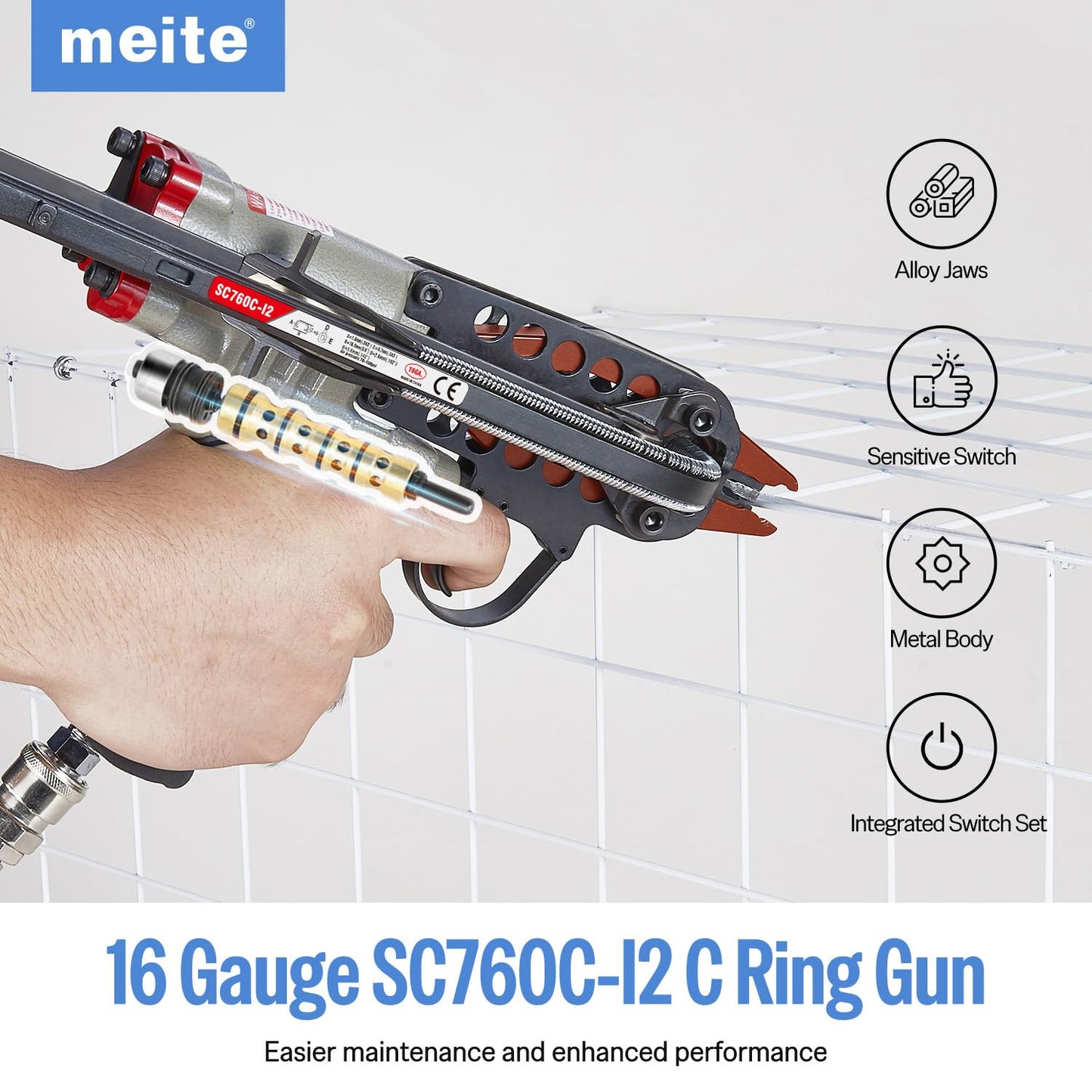 meite SC760C-I2 Pneumatic Hog Ring Gun with 3600PCS 16GA Hog Rings, 16 Gauge 1/2" Crown Hog Ring Pliers, 2.6-3.6 mm Closure, Upgrade Trigger Air C Ringer Pliers for Fencing, Bag Closing