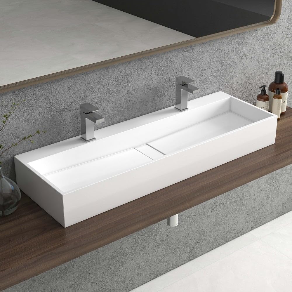 Weibath 47 Inch Wall-Mount Double Sink Stone Resin Trough Bathroom Sink with 2 Faucet Holes (Glossy White)