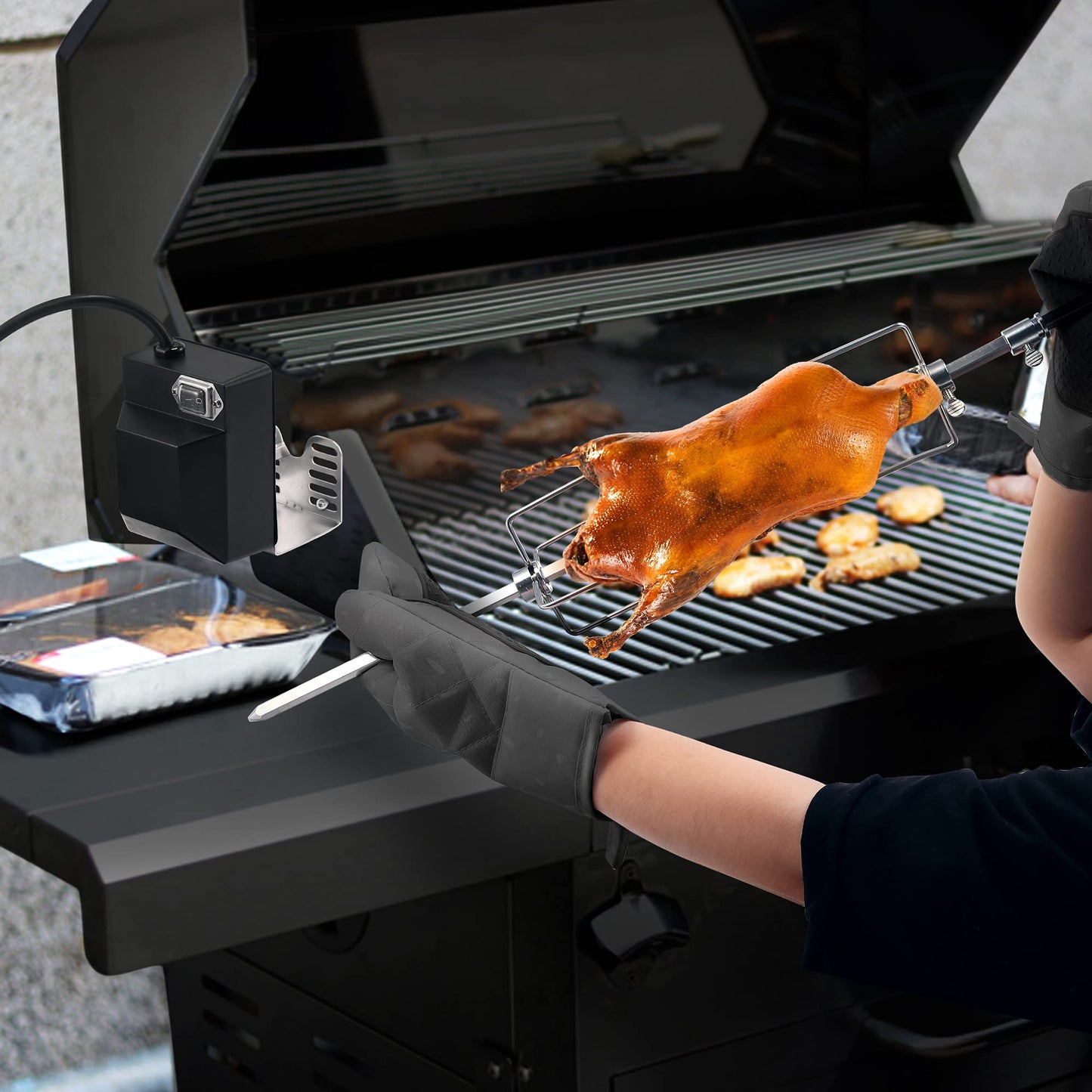 Dreyoo Universal Rotisserie Grill Kit, 360° Automatic Rotating Rotisserie Kit with 120V 4W Motor, 28'' Spit Rod, 2 x 4 Forks, Complete Holders and Fixing Screw for Backyard Camping Grills