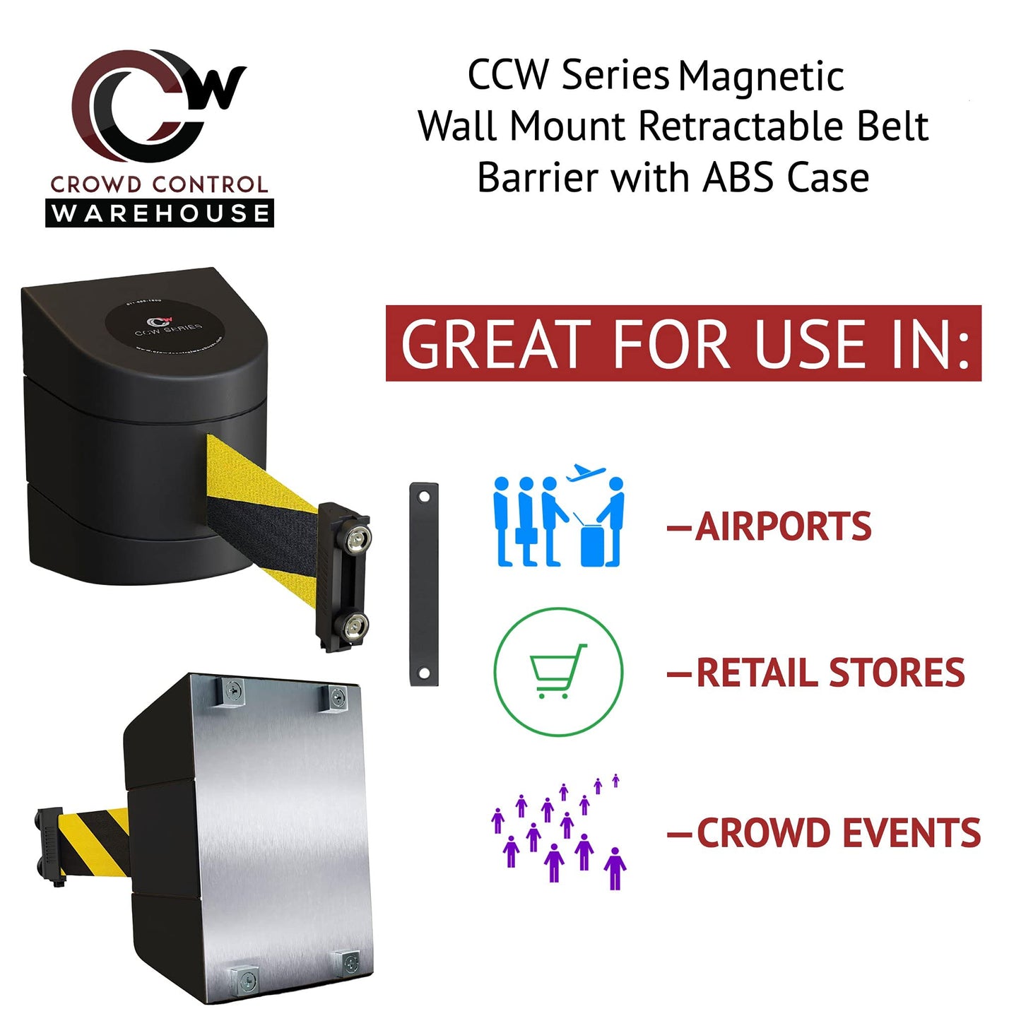 Crowd Control Warehouse - CCW Series WMB-220 Magnetic Wall Mount Retractable Belt Barrier - 15 Foot, Red Belt with Black ABS Case