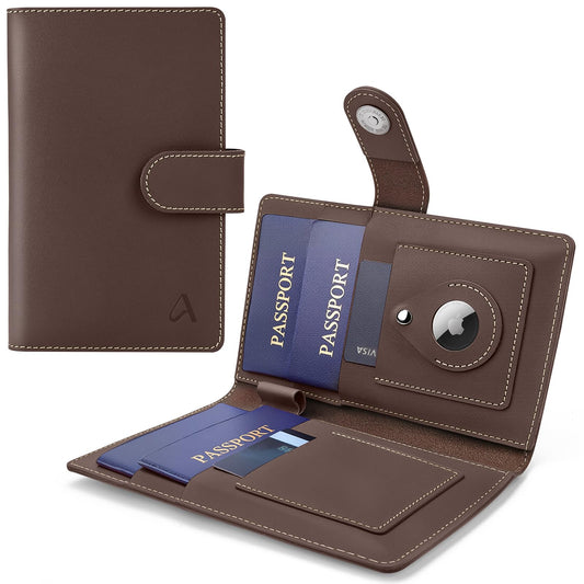 ALLIVE Family Passport Holder, Rfid Blocking Passport Wallet with AirTag Slot, Genuine Leather Travel Document Organizer for Women & Men, Airport Essentials, Travel Gift (Coffee Brown)