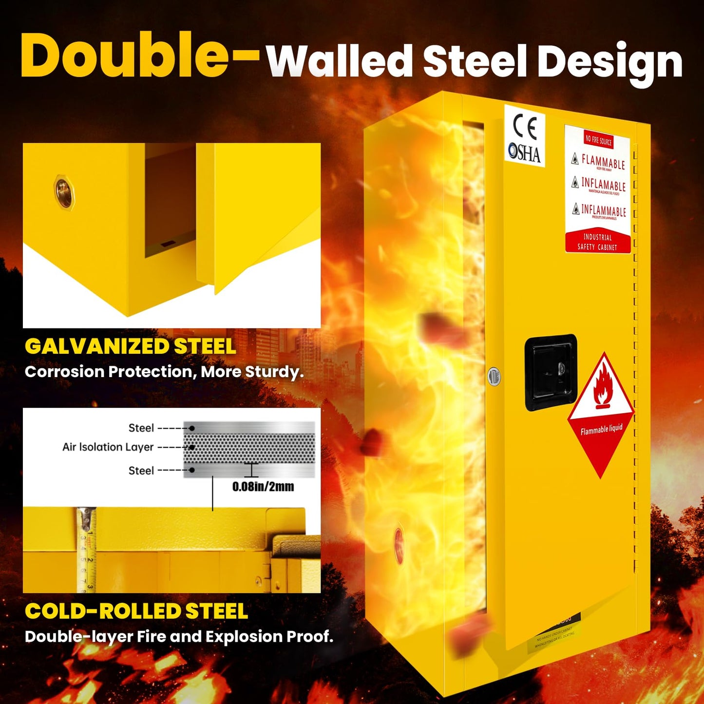 30 Gallon Flammable Storage Cabinet 35"x21"x21", Galvanized Steel, Flammable Safety Cabinet with Adjustable Shelf for Industrial and Home Use