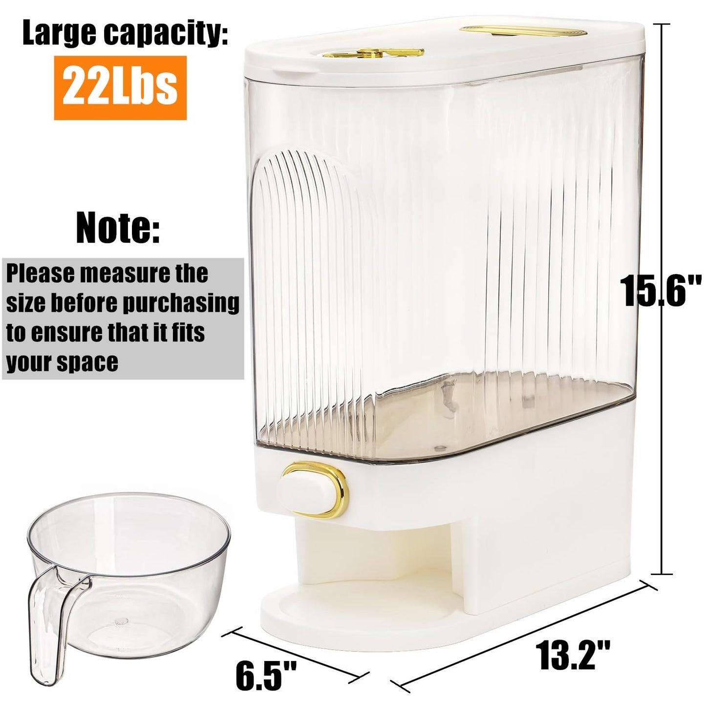 Cididu Clear Rice Holder Dispenser, 22 Lbs Large Grain Storage Container with Measuring Cup, Cylinder Household Food Dispenser Bucket Kitchen Organization for Cereal Oatmeal Coffee Bean Soybean Corn