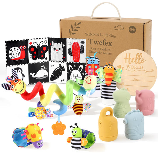 Twefex Wooden Montessori Learning Toy Set, Sensory and Thinking Play Set for Toddlers, 5-in-1 Bath Toys, Cloth Book, Hand and Foot Rattles, and Baby Sensory Toys Soft Hanging