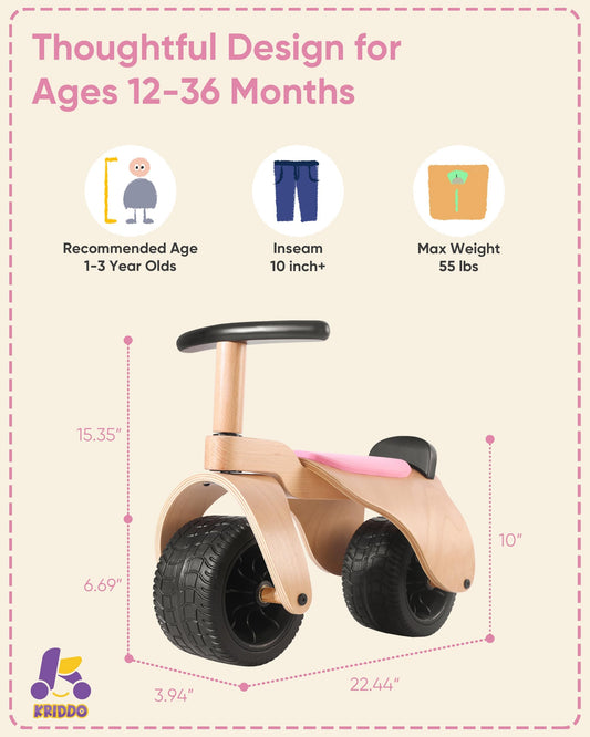 KRIDDO Wooden Baby Balance Bike 1 Year Old, Wide Wheels for Stable and Smooth Ride, Boy Girl First Balance Bike Gift for 12 Month to 3 Year, Non-Sharp Parts, Soft Seat, Pink