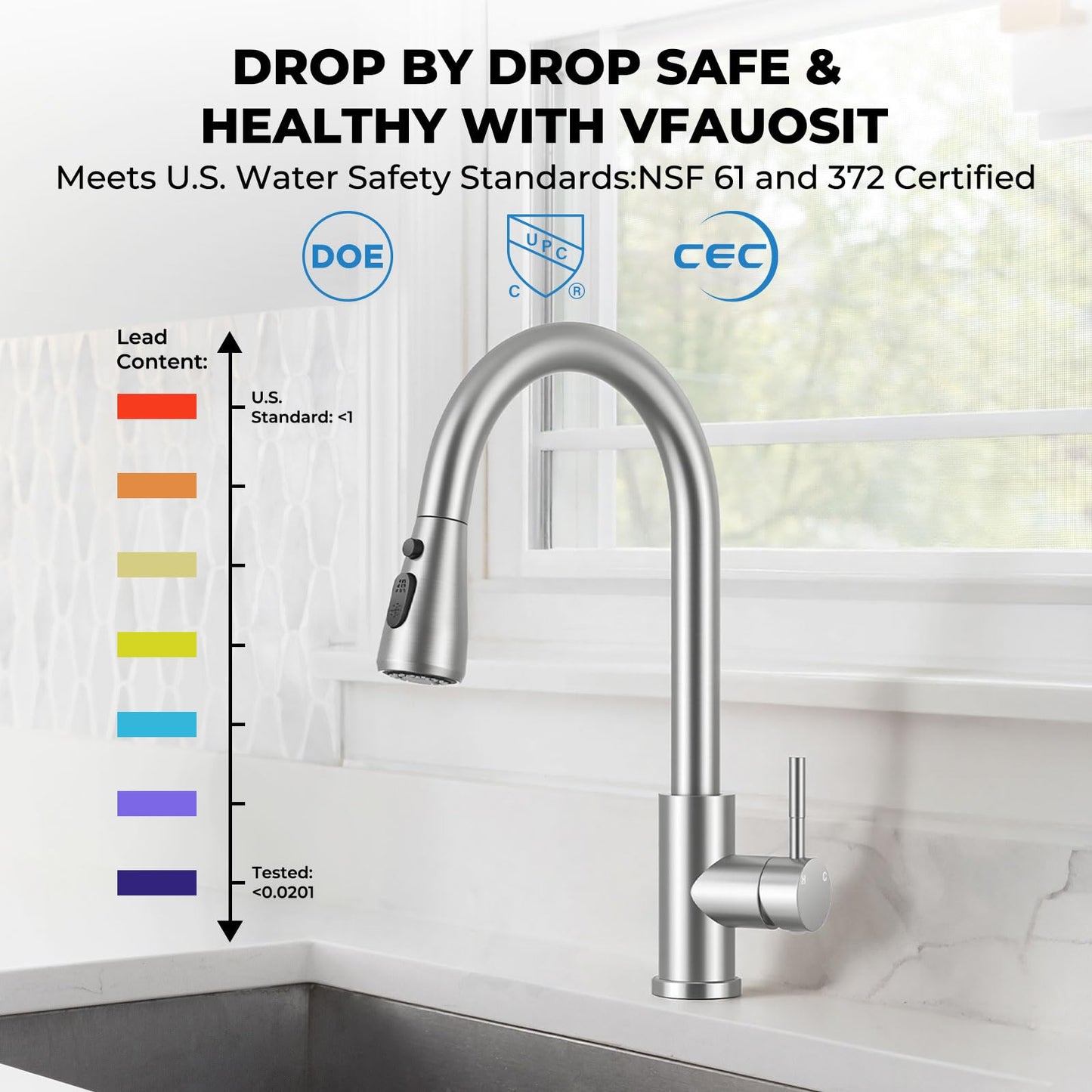 Kitchen Faucet with Pull Down Sprayer, VFAUOSIT Lead-Free Kitchen Sink Faucet Brushed Nickel Stainless Steel High Arc Pull Out Single Hole Kitchen Faucets for Pot Filler, Farmhouse RV Bar Laundry Room