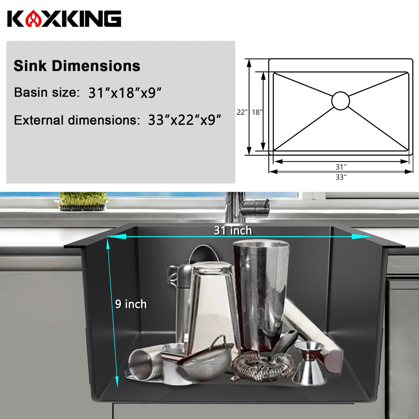 KOXKING 33x22x9 Inch Drop In Deep Single Bowl Kitchen Sink (Topmount), 16 Gauge SUS304 Stainless Steel Black Modern Handmade Sink