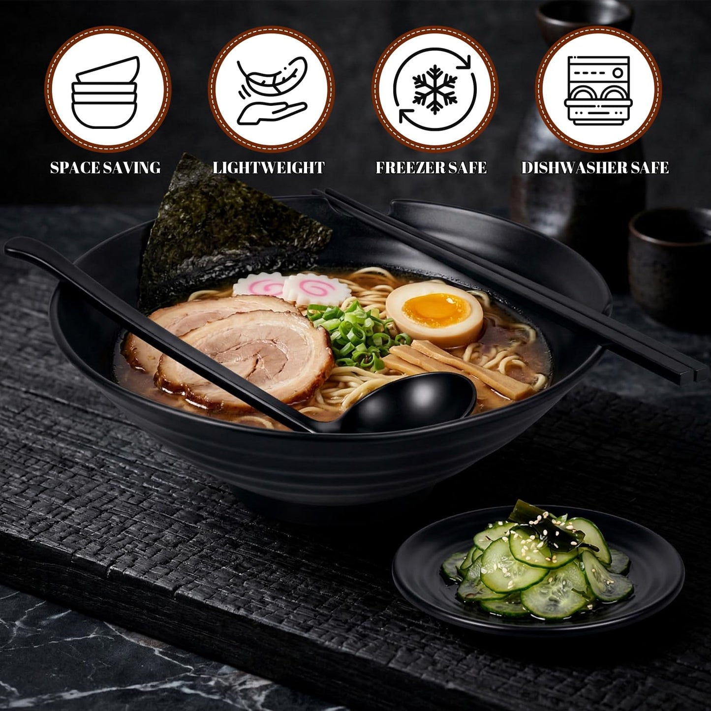 4 Sets Unbreakable Japanese Style Ramen Bowl, 44 oz Large Black Matte Melamine Bowls and Spoons Set with Chopsticks & Saucers, Melamine Large Ramen Bowls Sets for Pho, Thai, Miso, Udon, Asian Food