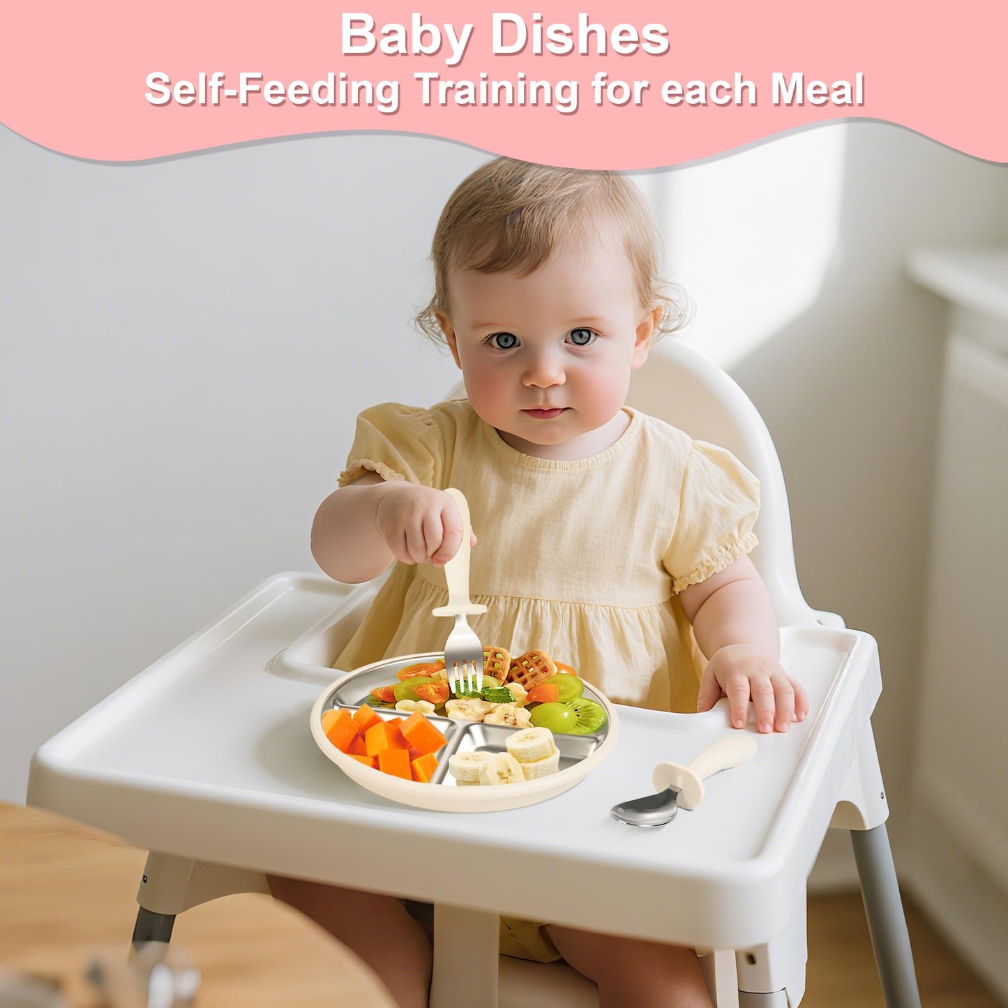 Bella’s Friends Baby Feeding Set, 2 Pack Stainless Steel Divided Plate with Silicone Suction, 2 Set Spoons and Forks, BPA Free, Dishwasher Safe, Baby Led Weaning Supplies, Toddler Utensils,beige green