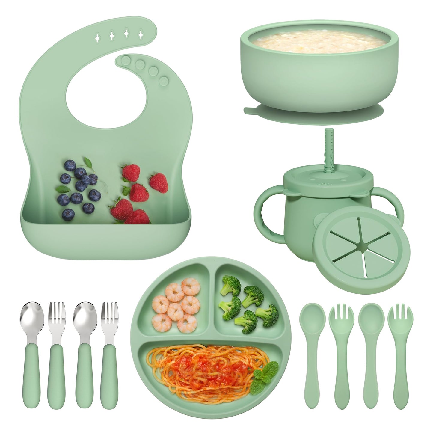 13 Pack Silicone Baby Feeding Set, BPA-Free Baby LED Weaning Supplies, Include Suction Plates, Bowls, Silicone and Stainless Steels Fork & Spoon, First Stage Infant Food Eating Utensils - 6+ Months