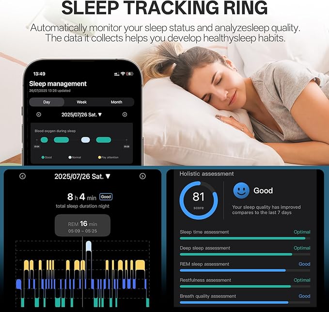 Smart Ring with Vibration Alerts, Health Tracker Ring with Body Temperature Monitor, Heart Rate, Sleep & Fitness Tracking, Waterproof Activity Ring for Men & Women, No App Fees (Gunmetal Gray, 8#)