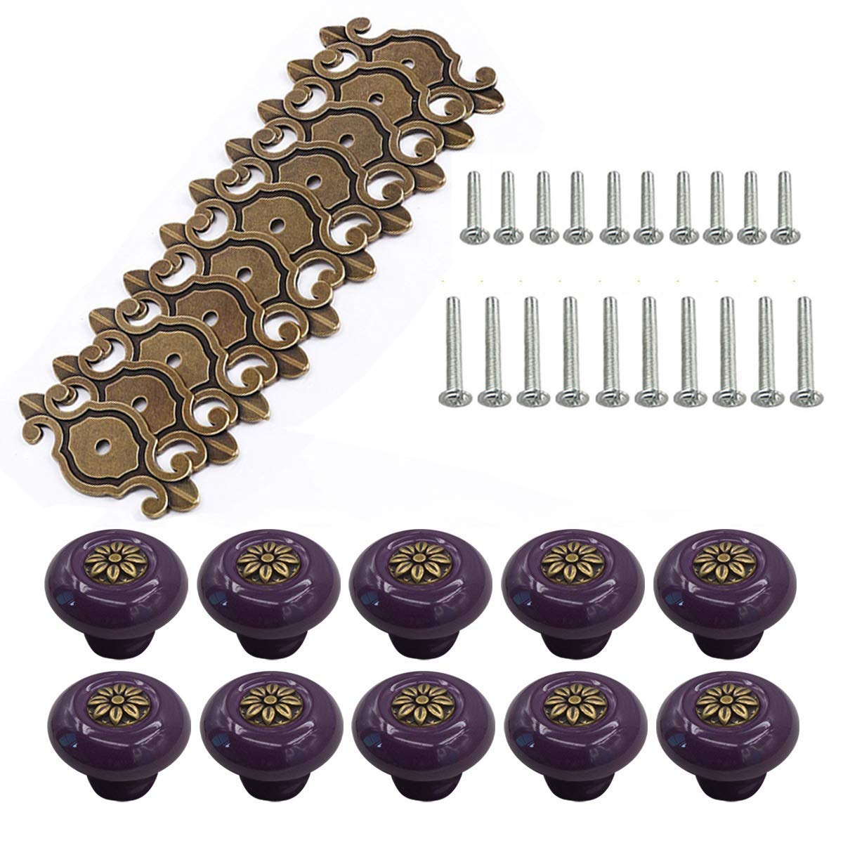 HUAMULAN 10 Pack Retro Ceramic Knobs,Vintage Dresser Kitchen Petal Cabinet Pulls Rustic Zinc Alloy Base Back Plate Cupboard Wardrobe Drawer Door Handles,Bronze Base