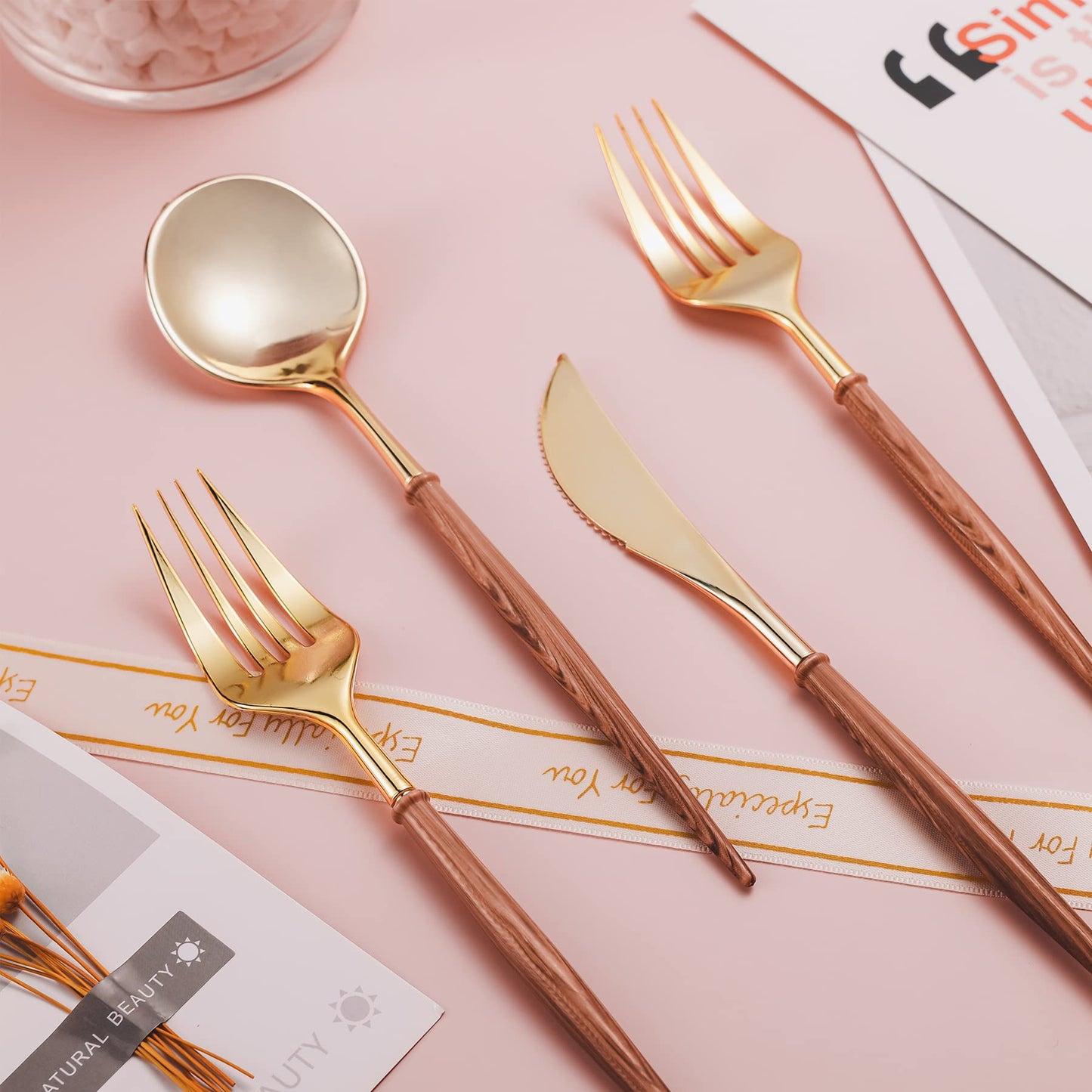 Lullaby 120PCS Gold Plastic Silverware, Gold Disposable Cutlery with Wood Grain Handle Include 40 Forks, 40 Spoons, 40 Knives, Elegant Disposable Silverware for Wedding, Party, Gathering, Daily Use