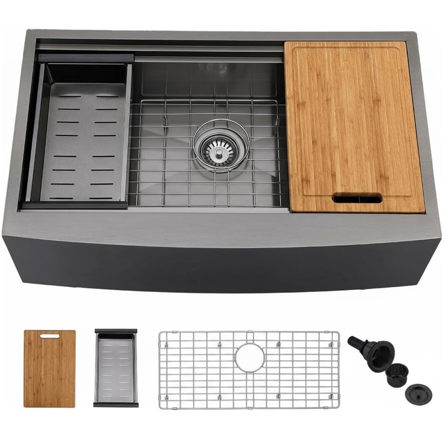 KINGO HOME 33 inch Black Farmhouse Sink, 16 Gauge Double Ledges Stainless Steel Farmhouse Kitchen Workstation Sink, All In One Apron Front Deep Single Bowl Kitchen Farm Sytle Farmer Sinks 33"x20"x9