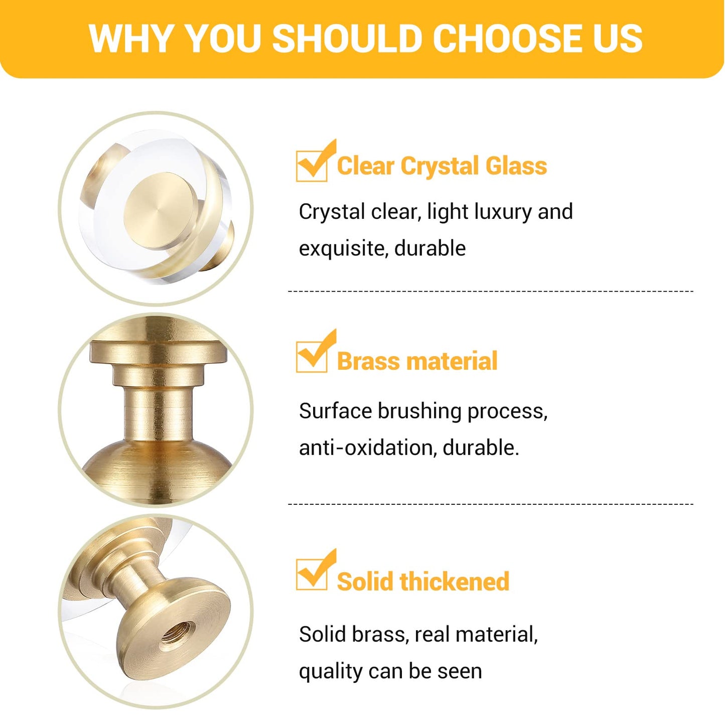 Guank 12-Pack 1-1/4-Inch White Cabinet Glass Crystal Brass knobs Brass Drawer Round Knobs Dresser Pulls, Gold Hardware Kitchen Closet knobs for Bifold Doors