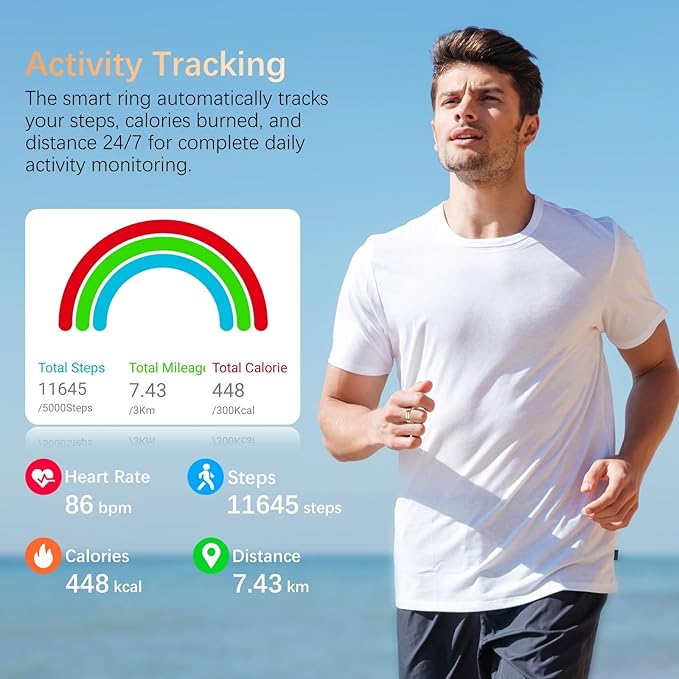 Fit Ring, Smart Health Rings for Women Men with Heart Rate,Blood Oxygen,HRV,Stress Level, Sleep Monitor, Step Tracker, No Subscription Fee, IP68 Waterproof Smart Ring for iphone &Android (Gold, 7#)