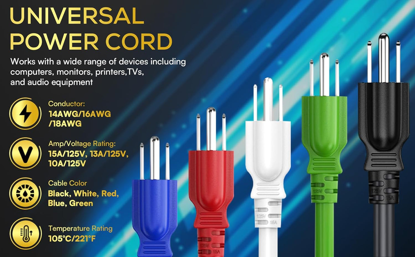Cable Leader 15ft 14AWG 5-15P C13 3-Prong Computer Power Cord, NEMA to IEC AC Power Cable, Heavy Duty Replacement Power
