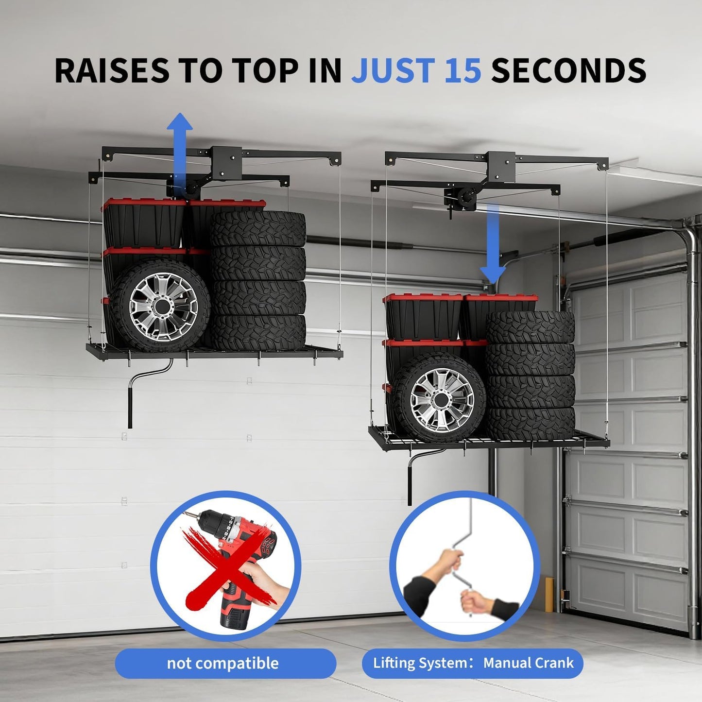 MilleLoom Garage Ceiling Storage Racks 4x4 ft, Manual Hand Crank Overhead Garage Storage Rack Lift, Heavy-Duty Carbon Steel Ceiling Mounted Storage Rack, Adjustable Height, 350 Lb Capacity