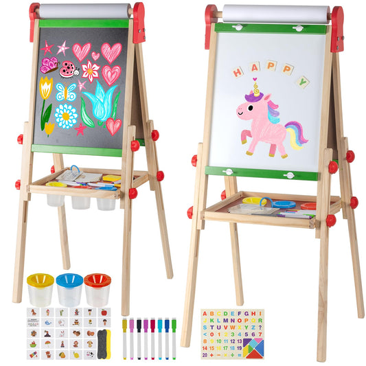 Kids Art Easel with Paper Roll for Toddlers, Adjustable Double Sided Magnetic Drawing Board Dry Erase Whiteboard & Chalkboard，Easel for Toddlers 2-4 Years Painting Wooden Easel Kids 4-8