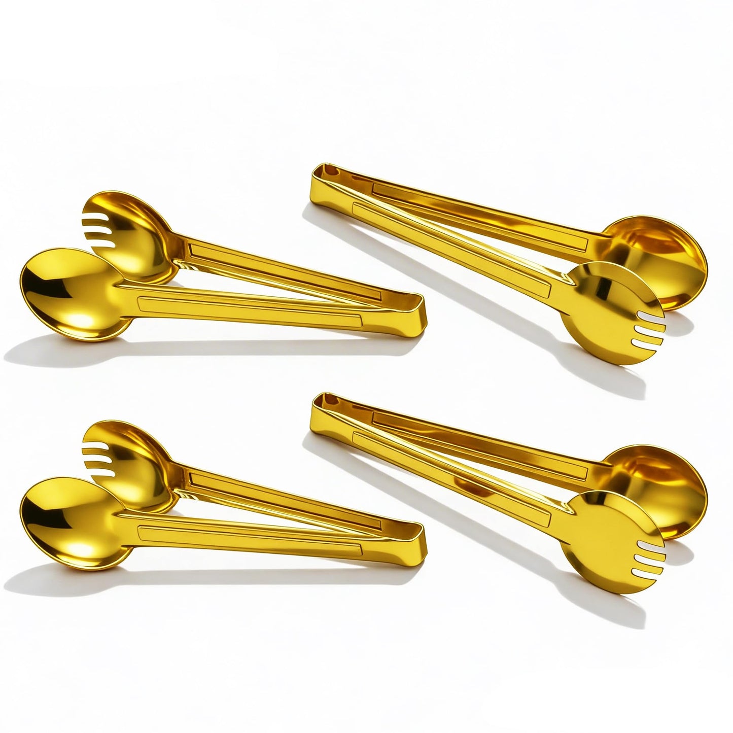 4 Pack Gold Serving Tongs Set with Serving Spoon, Stainless Steel Buffet Tongs Serving Utensils, Salad Tongs with Spoon & Fork Ends, 9 Inch Food Serving Tongs for Buffet, Catering, Party and Kitchen