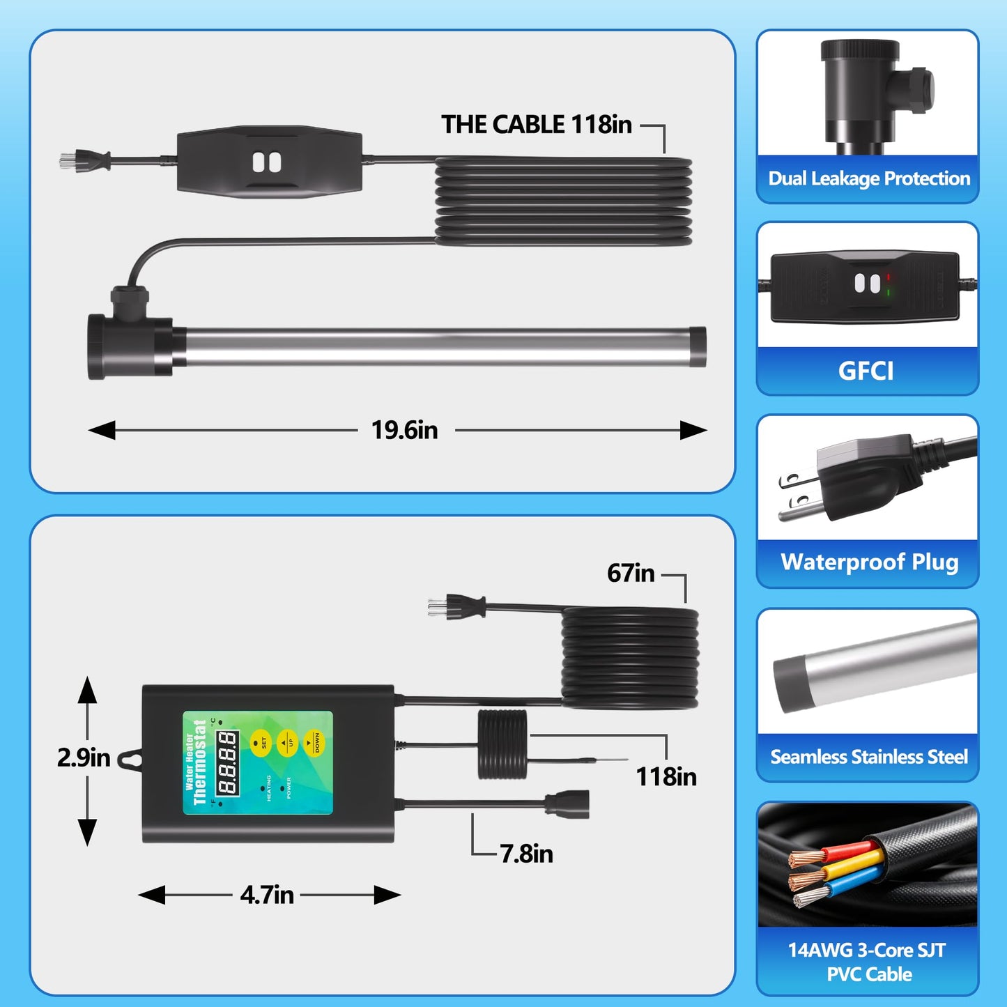 3000W Immersion Heater for Large Hot Tub & Medium Pool Heater, Submersible Immersion Heater with GFCI & Digital Thermostat, for Large Inflatable Hot Tub, Medium Above Ground Pool, Large Stock Tank