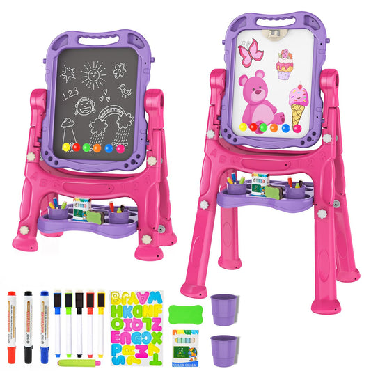 Amagoing Easel for Kids, Adjustable Standing Art Easel for Toddler, Double Side Drawing Board with Painting Accessories, Birthday Christmas Gift Toy for Boys Girls 3 4 5 6 Years Old, Purple