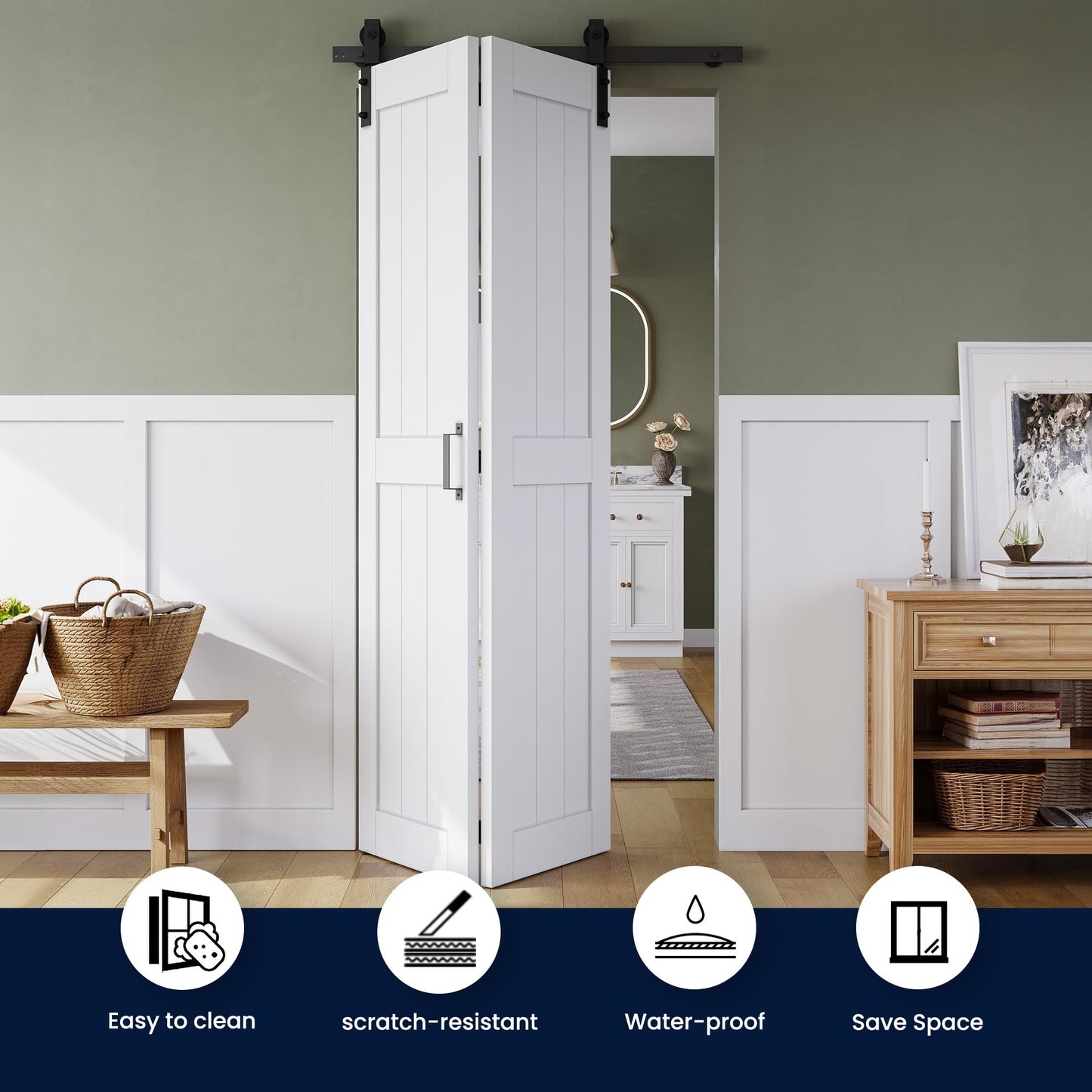 Bifold Barn Door 28" x 84", MDF Bi-Fold Sliding Closet Doors with Hardware Kit Included, Pre-Finished Easy Assembly, Water-Proof PVC Surface & Save Space, H-Frame, 32" Track for 2 Doors,White