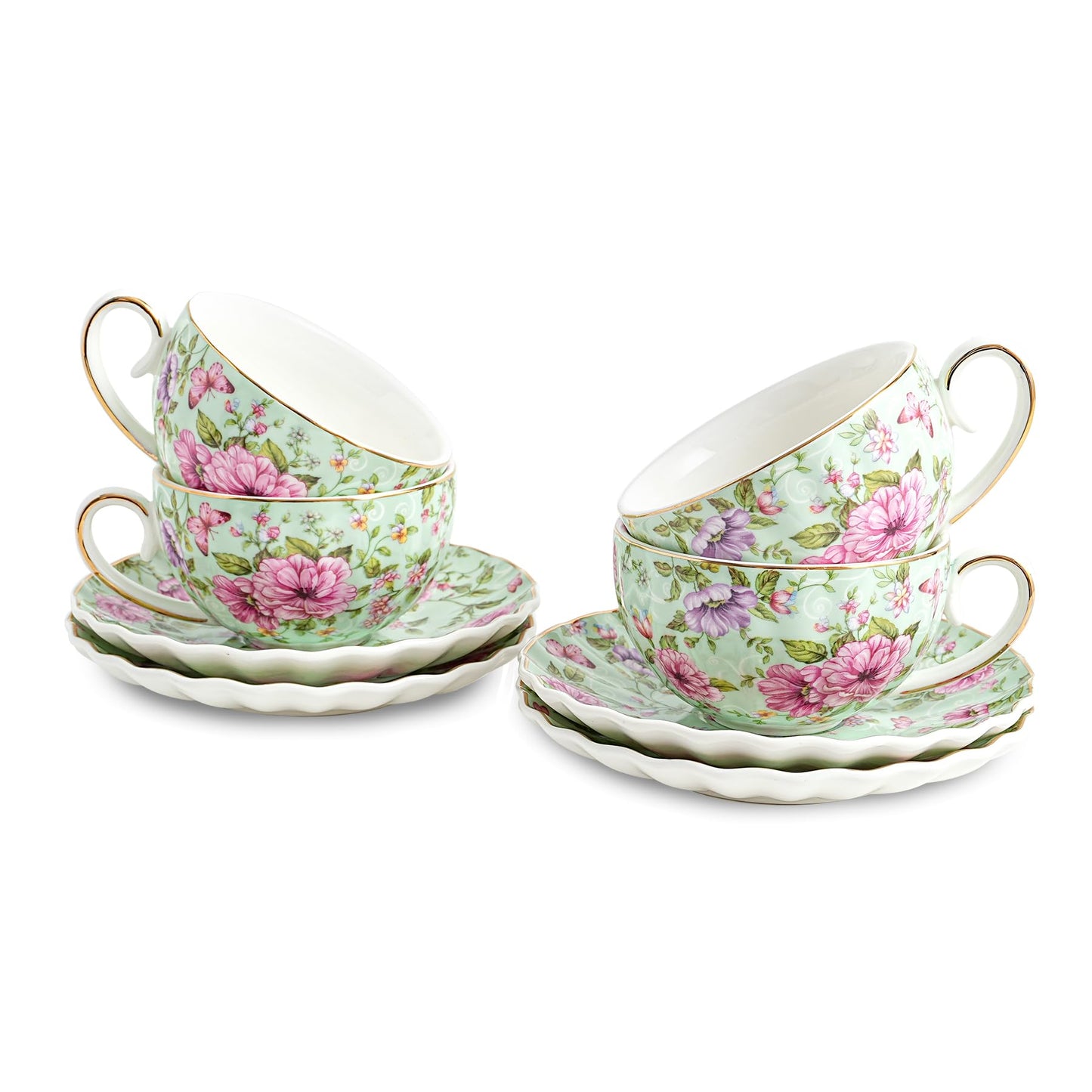 Agyiuns Tea Cup and Saucers, 6.4oz Floral Tea Cups with Gold Trim, Porcelain Teacup, Coffee Cappuccino Espresso Latte Mugs for Party Birthday,Party Cafe Home, Christmas Gift (Green)