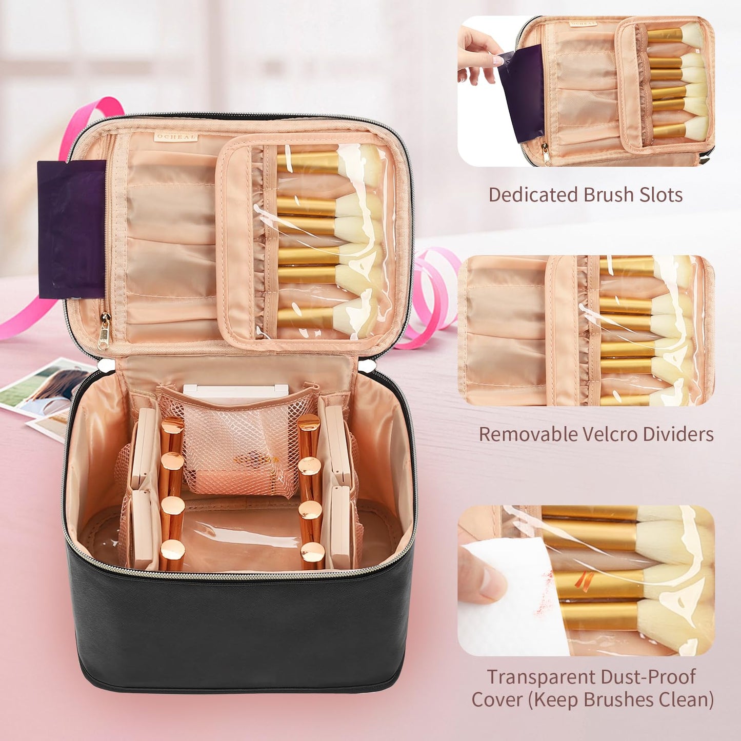 OCHEAL Travel Makeup Bag, Cosmetic Bags for Women Makeup Case Organizer Large Capacity Travel Toiletry Bag Storage Bags with Divider and Handle for Cosmetics Toiletries Brushes Tools-Large, Black