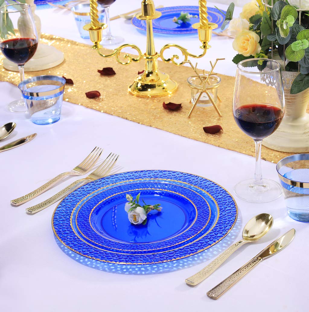 Nervure 102PCS Blue Plastic Plates - Disposable Blue Party Plates Include 51PCS 10.25inch Dinner Plate & 51PCS 7.5inch Dessert Plate for Wedding & Party & Father's Day
