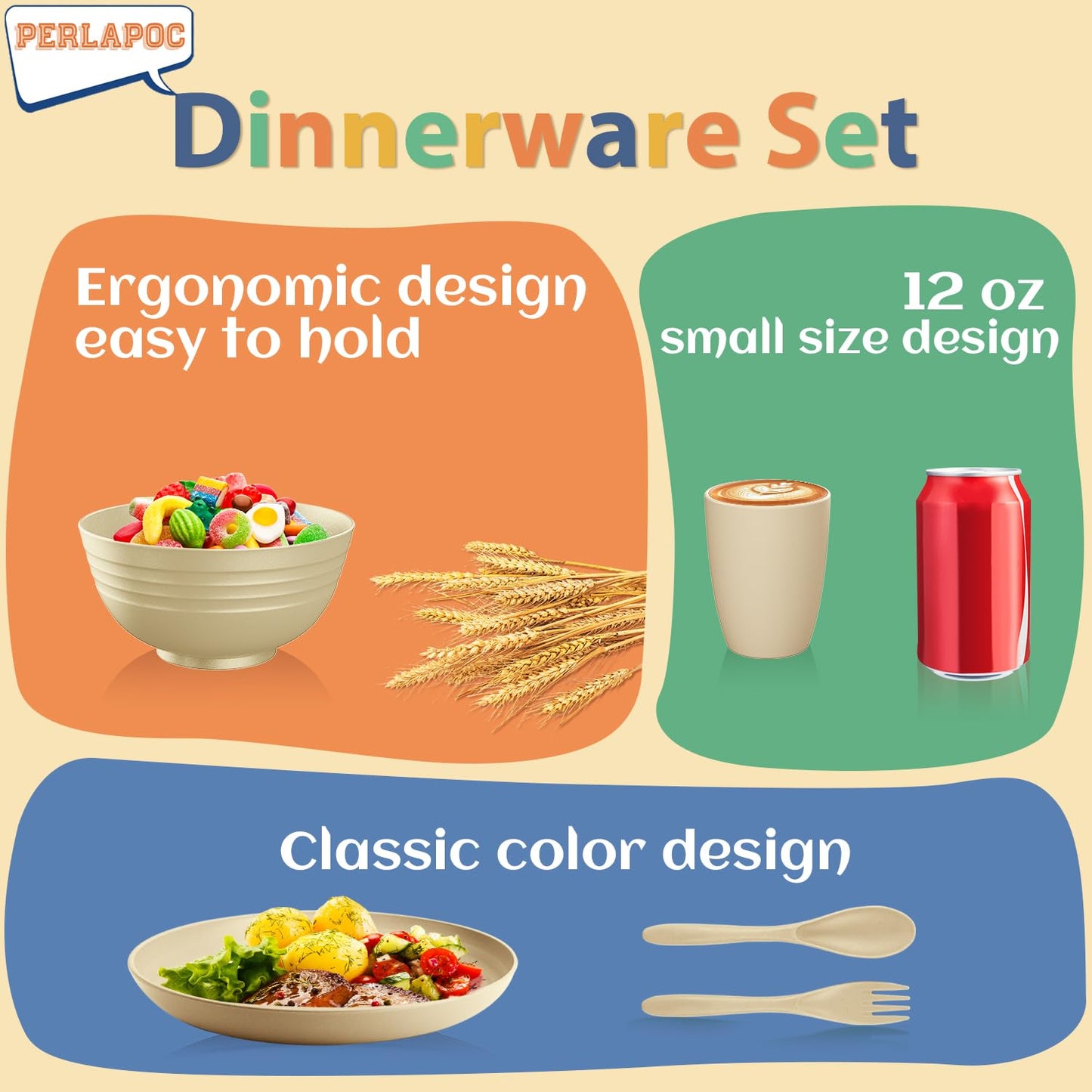 Perlapoc Kitchen Wheat Straw Dinnerware Sets for 4, Unbreakable Kids Dish Set 20 PCS - Dinner Plate/Cereal Bowl/Cup/Fork/Spoon, for Outdoor Camping, RV, Apartment Essentials - Beige