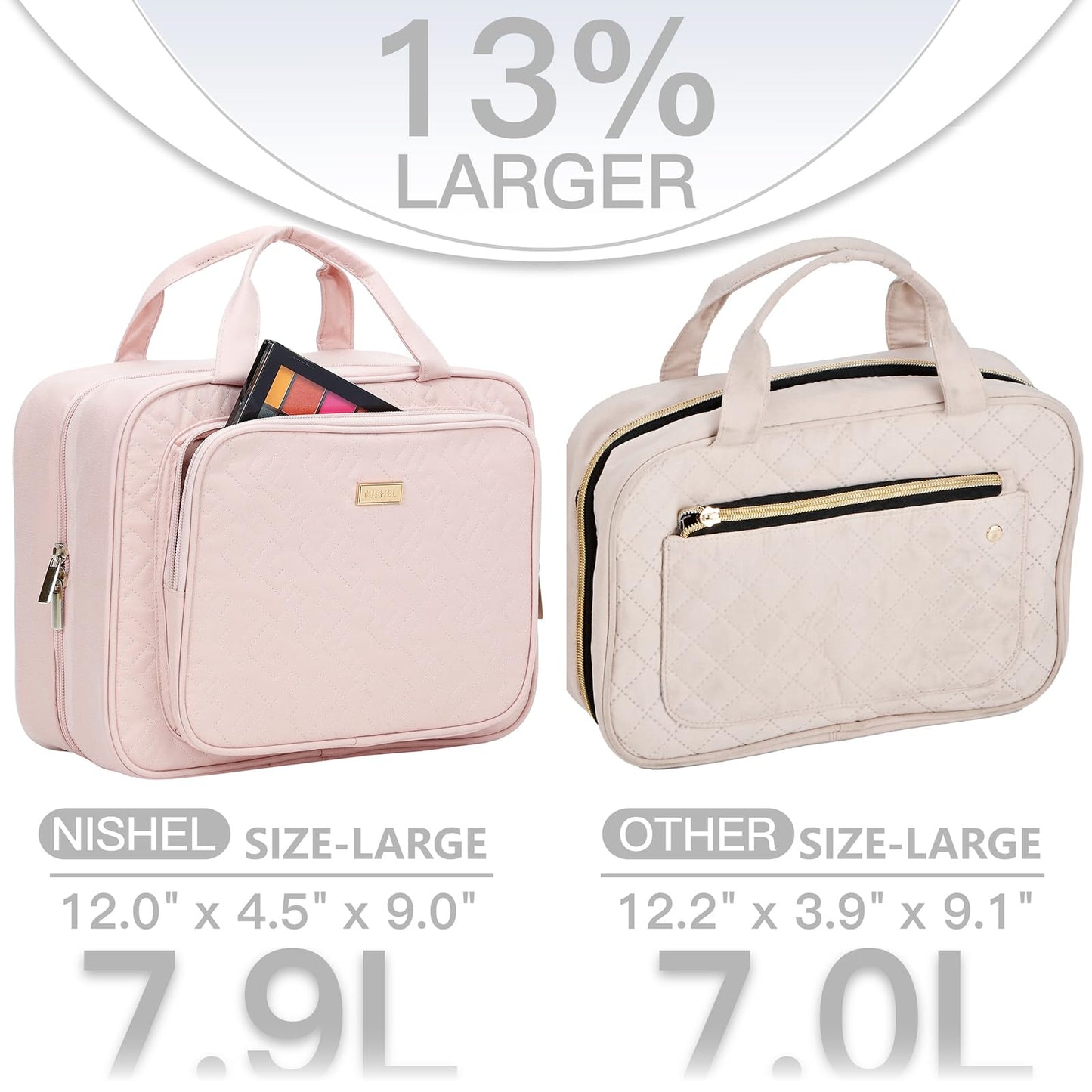 NISHEL Travel Toiletry Bag for Women, Makeup Essentials Organizer, Hanging Case for Accessories, Cosmetics, Large Size, Pink