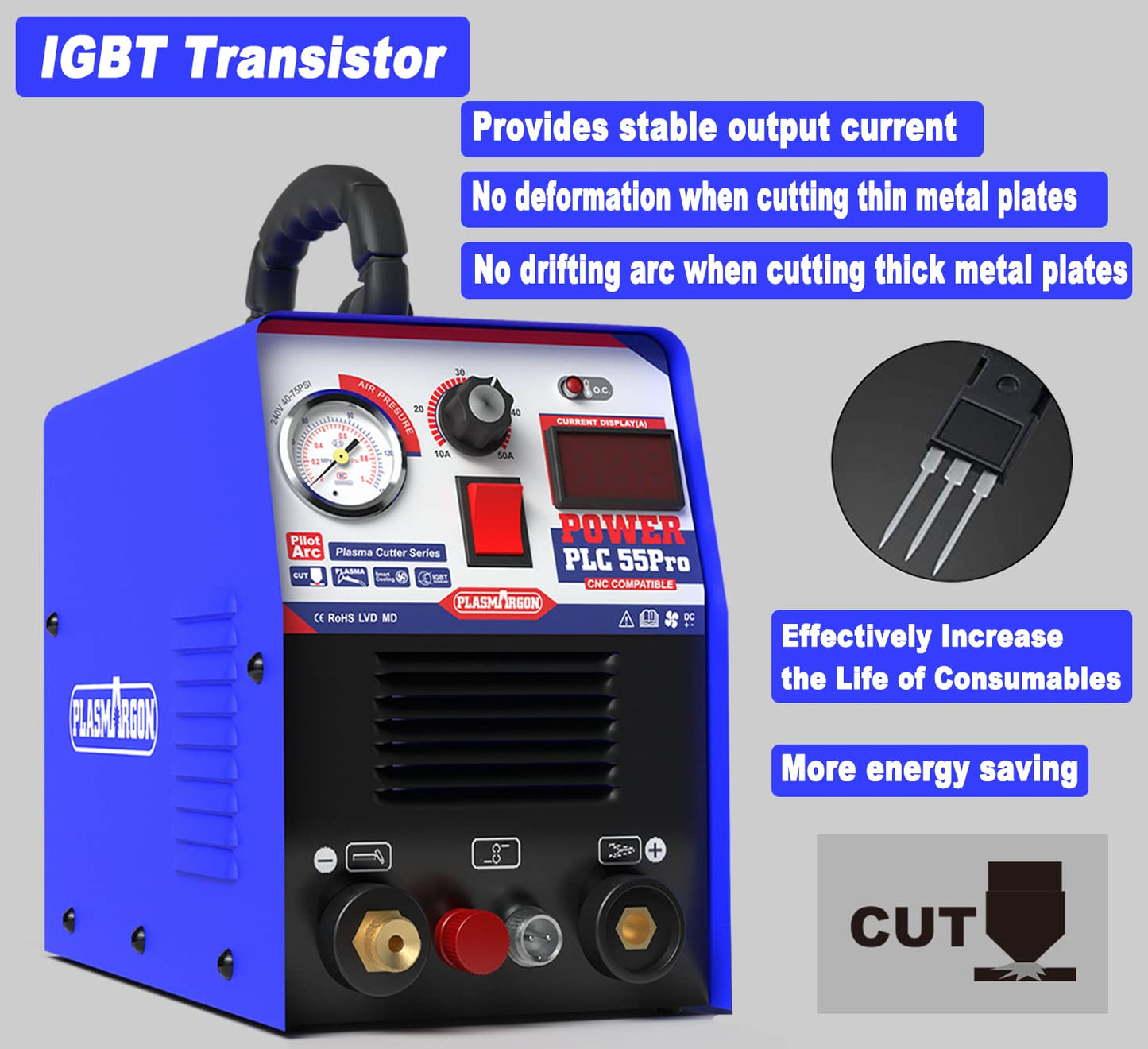 PLASMARGON PLC55Pro Plasma Cutter machine,110V/220V 55Amp Non-Touch Pilot Arc HF Air Power,Inverter IGBT 1/2 Inch Clean Cut LED Digital Display Plasma Cutting Machine
