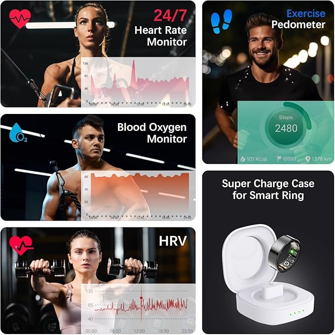 Health Tracker Ring, Smart Health Ring for Women Men with Heart Rate, Blood Oxygen, Sleep Monitor, Steps,Calories, No Subscription Fee, IP68 Waterproof Smart Ring for iPhone & Android (Black, 7#)