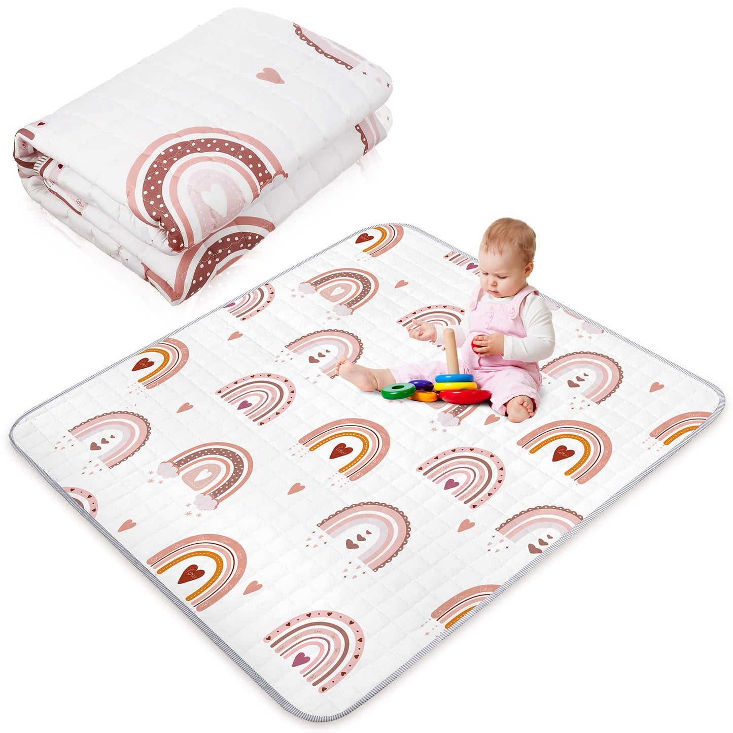 Funtery 43 x 43 Inch Boho Baby Play Mat Portable Crawling Washable Foldable Tummy Time Non Slip Baby Floor Large Playpen Mat for Infants Toddlers Floor Playpen Activity(Boho Rainbow)