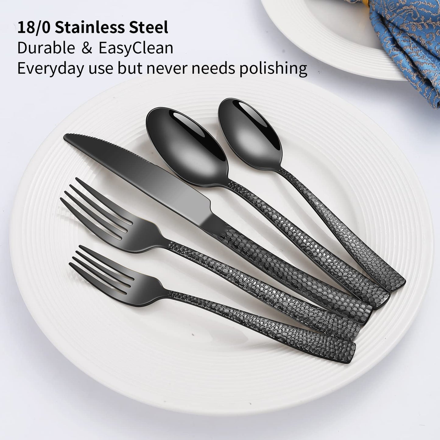 45-Piece Silverware Set with Serving Utensils Set, Black Hammered Stainless Steel Flatware for 8, Food-Grade Tableware, Including Fork, Knife, Spoon Set, Home Kitchen Cutlery, Dishwasher Safe