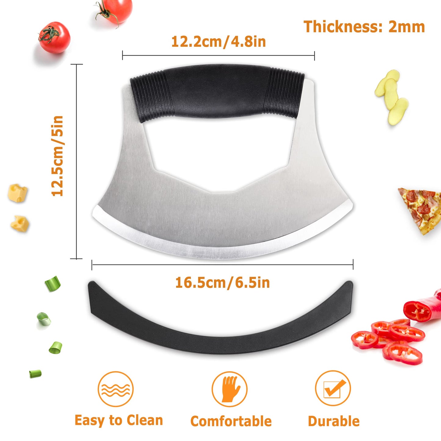 XoYoZo Salad Chopper Mezzaluna Knife with Protective Cover and Anti-Slip Handle - Stainless Steel Vegetable Cutter, Onion Chopper, Pizza Cutter