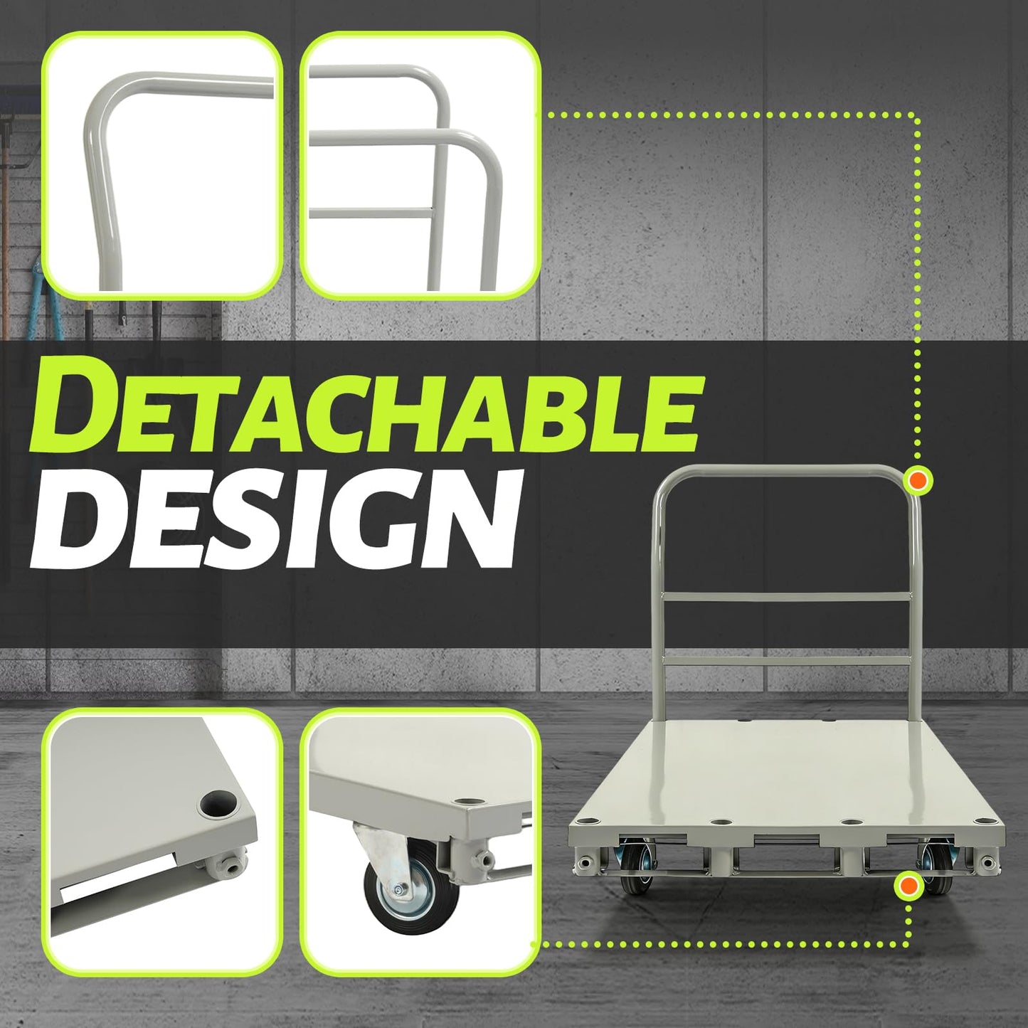 Gelacie 42x24inch Steel Truck Cart, Flat Dolly Cart, Flatbed with 2200 lbs Capacity Platform Truck, Heavy Duty Lumber Drywall Dolly, 4 Swivel Casters, Board with w/1 Front & 2 Side Handrails Silvery