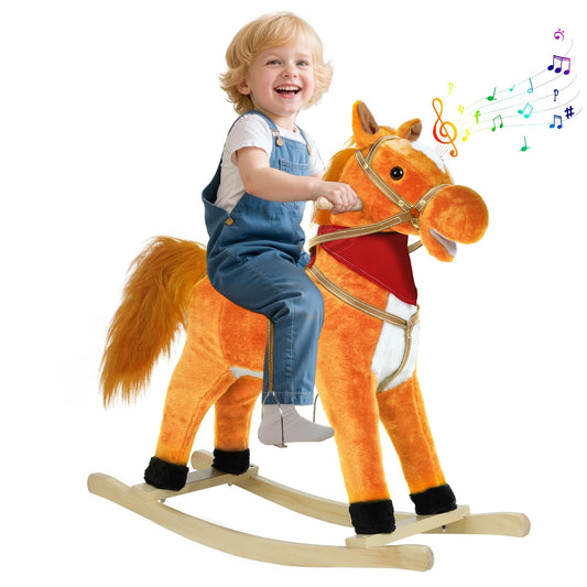 JENPECH Rocking Horse Toy for Kids Plush Ride on Animal with Wooden Rockers, Moving Mouth and Wagging Tail, Musical Sounds, Baby Rocking Chair, 120kg Weight Capacity, Ages 1-6 Light Brown Middle