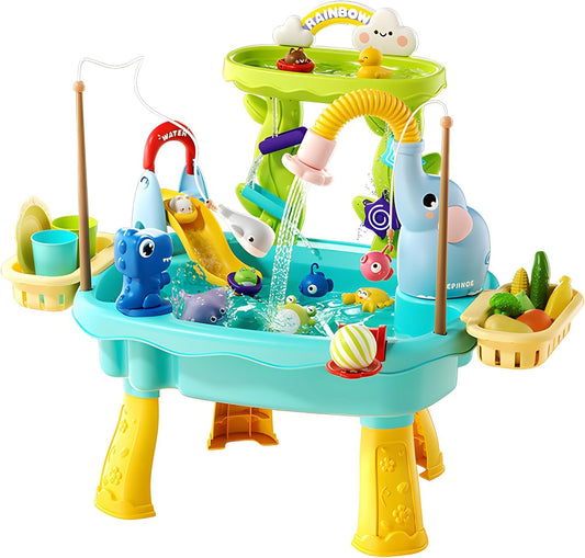 Lorveina 2027 Upgraded 4-in-1 Sand Water Table for Toddlers 1-3, Kids Sensory Table with Electric Water Pump & Cloud Faucet, Play Kitchen Sink with Food Accessories, Fishing Toy (Blue)