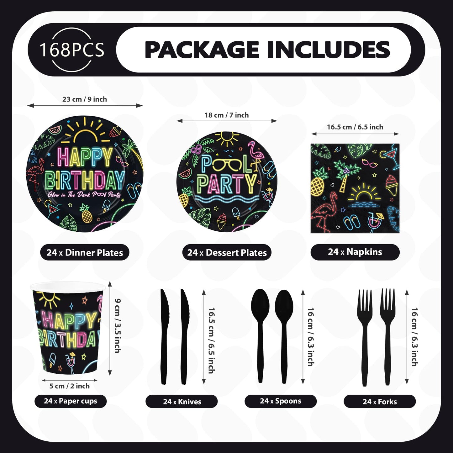 168 Pcs Pool Party Supplies Black Neon Pool Plates Napkins Cups Forks Knives Spoons Tropical Neon Swimming Tableware Set for Boys Girls Birthday Summer Beach Tropical Party Decorations Serves 24