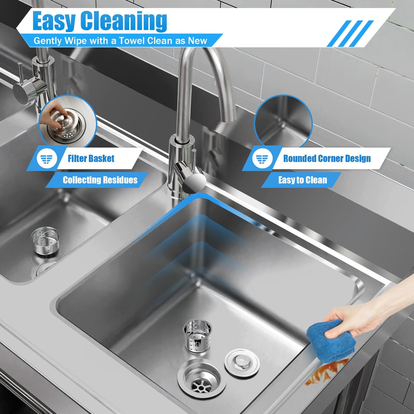 YUASDUU 3 Compartment Sink, 304 Stainless Steel Utility Sink Freestanding Kitchen Sinks Commercial Sinks with 2 Faucet & Cold and Hot Water Pipe Suitable for Food Truck Restaurant, 39'' × 18'' × 36''