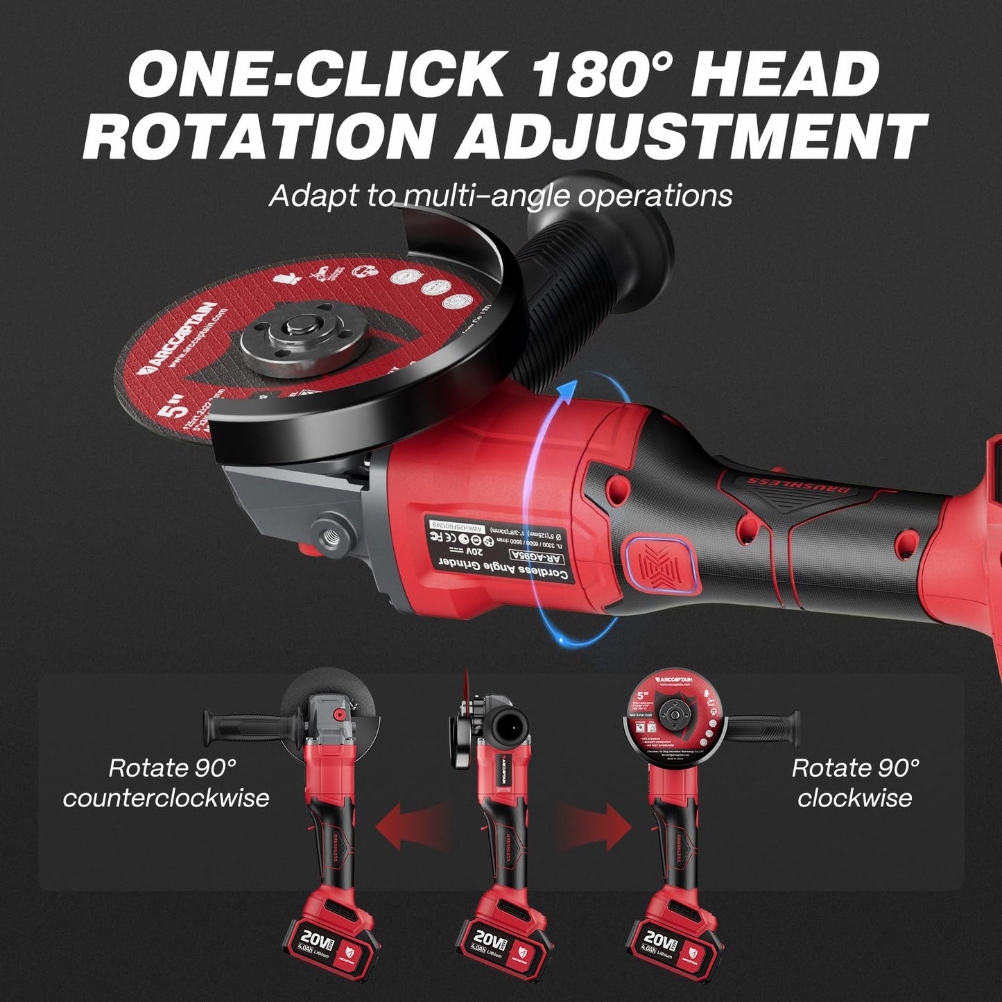 ARCCAPTAIN Angle Grinder Kit, 4-1/2 to 5",【Paddle Switch】9500RPM 1200W Brushless Power Motor Cordless Angle Grinder with 2PCS 4.0AH Batteries, 180°Rotatable Grinder Tool for Cutting/Grinding/Polishing