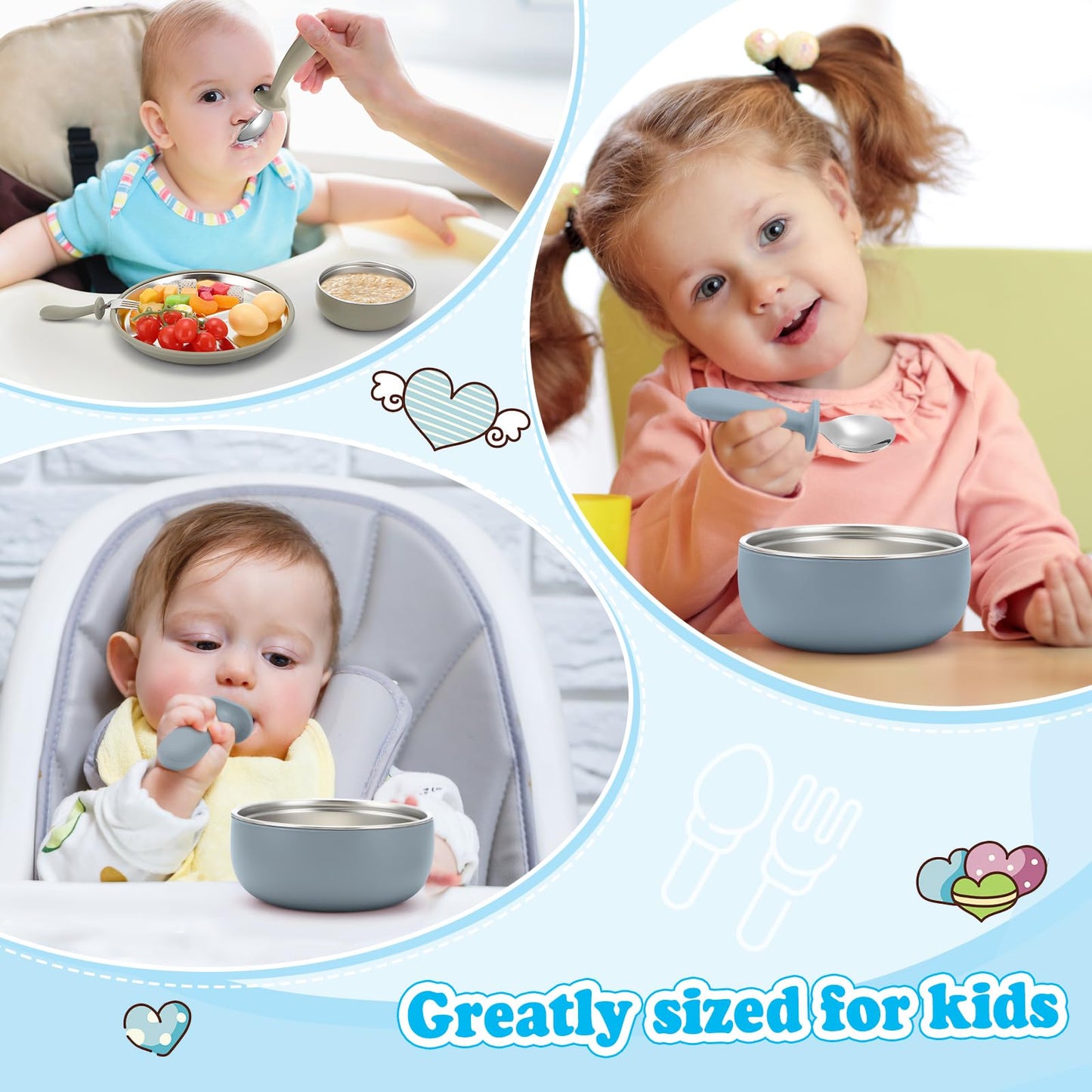 Honeydak 2 Pack Stainless Steel Baby Plates and Bowls with Suction & 2 Pack Spoons and Forks Set Kid Gift Toddler Utensil Baby Feeding Set Divided Plates for Weaning Supplies(Blue,Green)