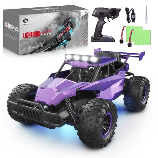 LARVEY 1:16 Scale Purple Remote Control Car, 20 Km/h High Speed Girls Remote Control Car Monster Vehicle with LED Headlights and Chassis Lights, RC Truck for Girls Boys and Adults