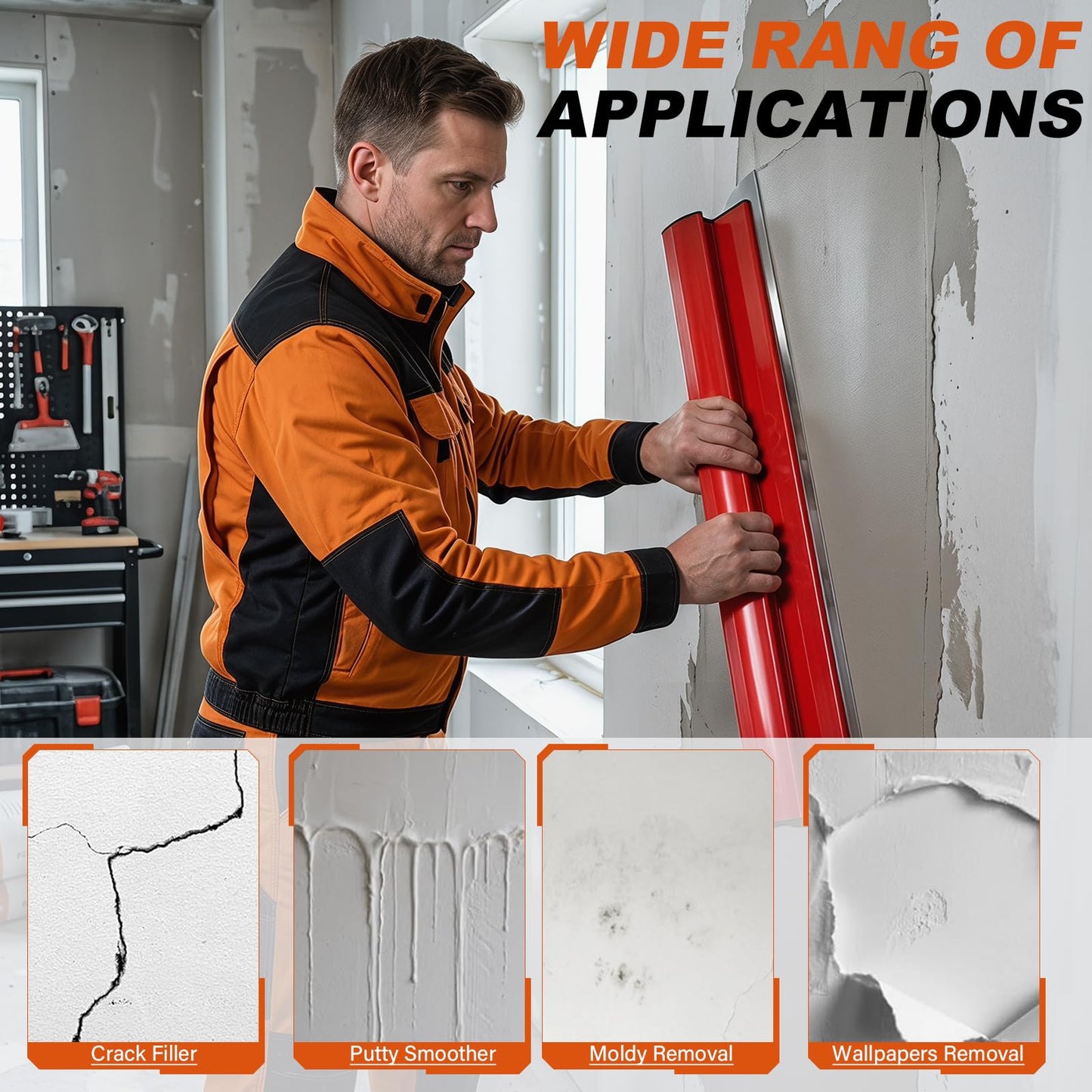 Drywall Skimming Blade Set with Portable Case, 10”+16”+24”+32” Skimming Blades, 9” Drywall Compound Rollers, 32-51inch Extension Handle Taping Knife Arc Scraper Tools for Drywall/Plaster/Wallboard