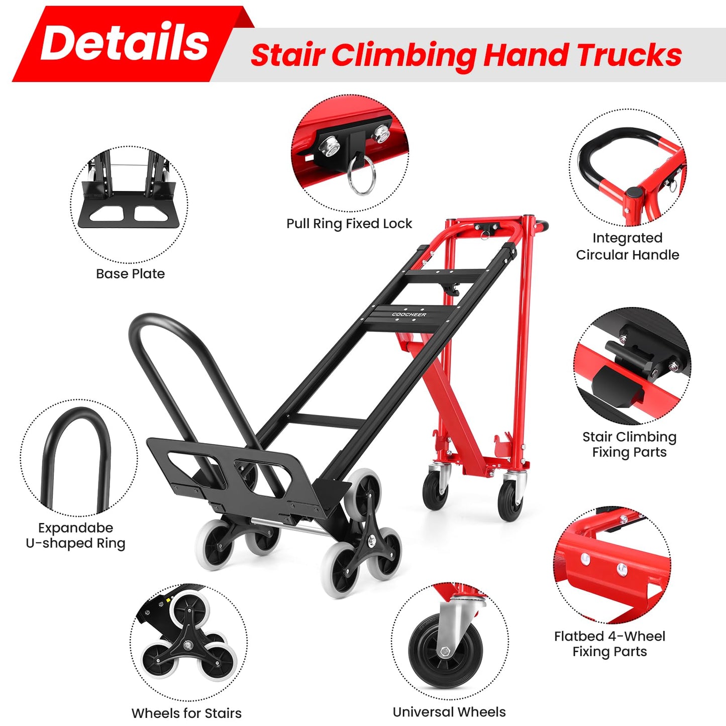 Heavy Duty Stair Climbing Hand Truck - 1000 LBS Capacity 4-in-1 Convertible Dolly Cart, Foldable Platform Utility Cart for Moving Boxes, Industrial Grade Steel Construction(red)