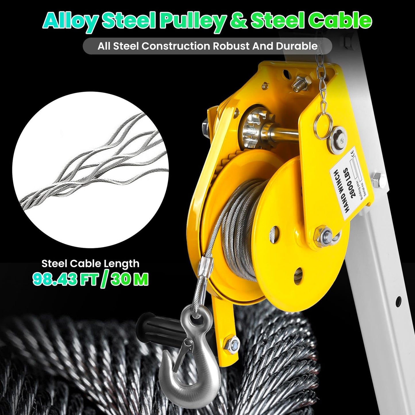 Heavy Duty 2600LBS Confined Space Tripod Kit, Rescue Tripod and Winch with 98FT Steel Cable, Tripod Lifting Hoist & Retrieval System, 4.4-7.1ft Adjustable Legs for Manhole Sewer Rescue